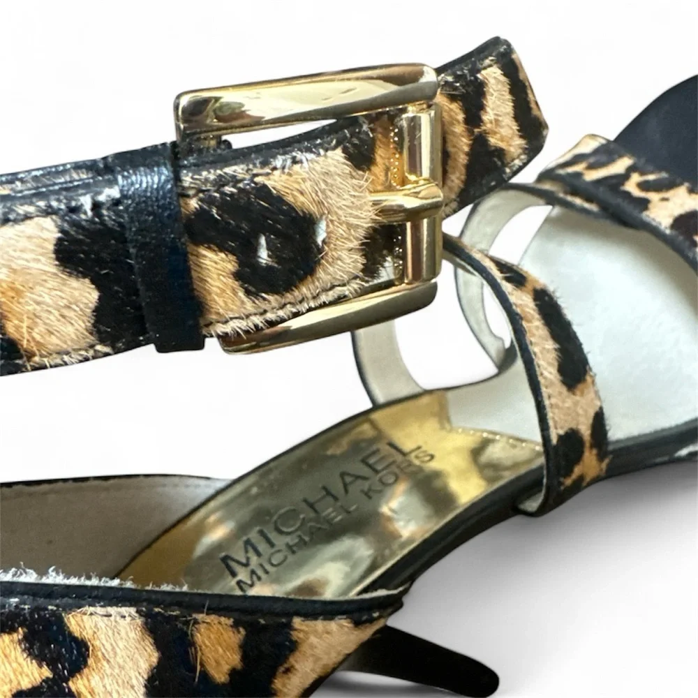 Michael Kors Evie Hair Calf Cheetah Print  Platform Sandals Stilettos Heels Sz 6 - Picture 8 of 12